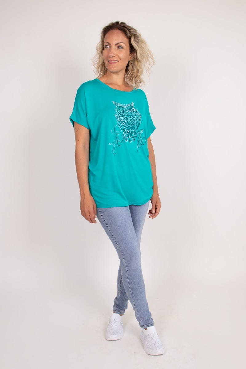 T-Shirt mit Eulenmotiv Aqua