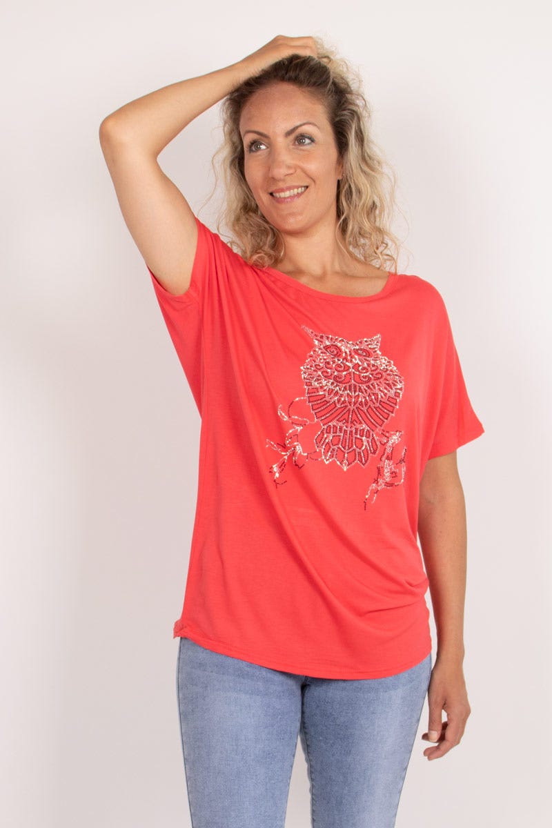 T-Shirt mit Eulenmotiv Korallenrot