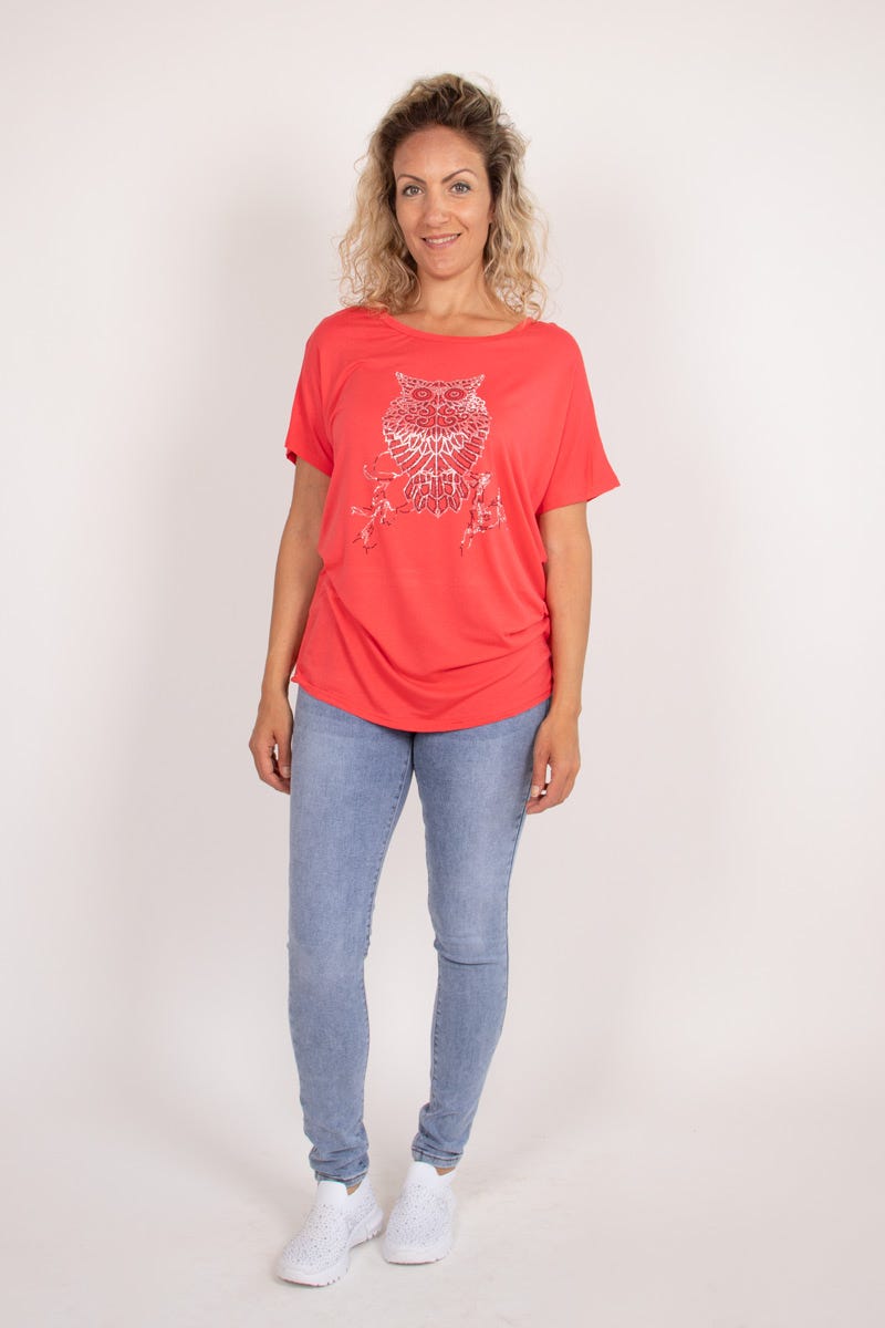 T-Shirt mit Eulenmotiv Korallenrot