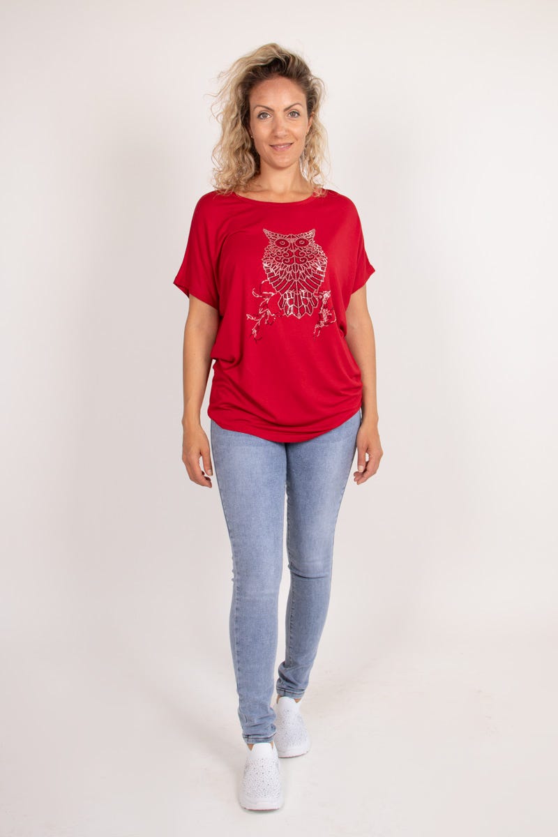 T-Shirt mit Eulenmotiv Rot