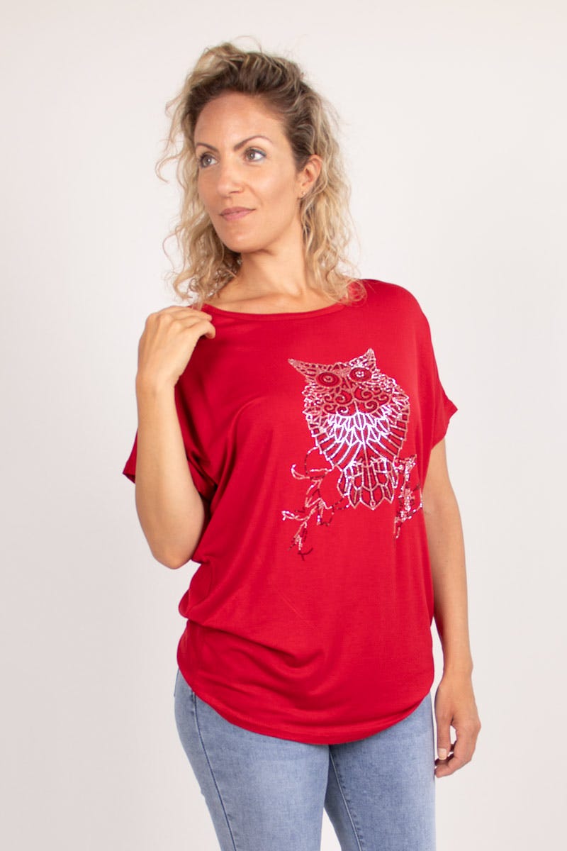 T-Shirt mit Eulenmotiv Rot