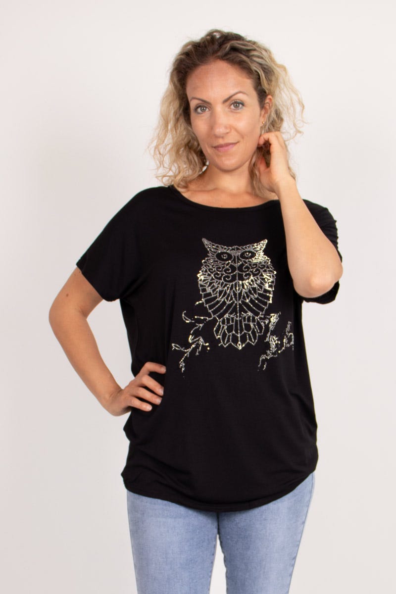 T-Shirt mit Eulenmotiv Schwarz