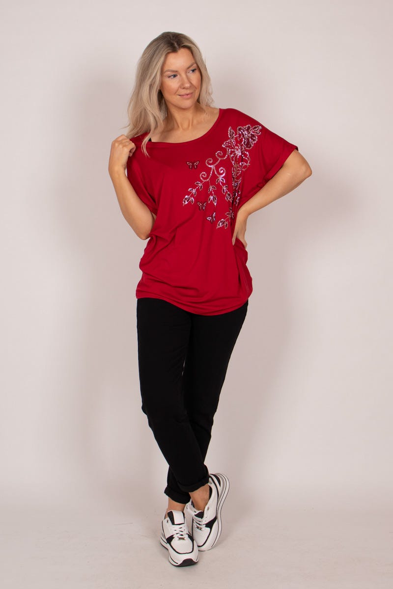 T-Shirt mit Blumen und Schmetterlingen Rot