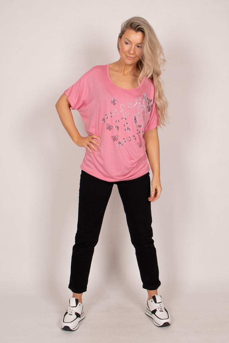 T-Shirt mit Blumen und Schmetterlingen Rosa