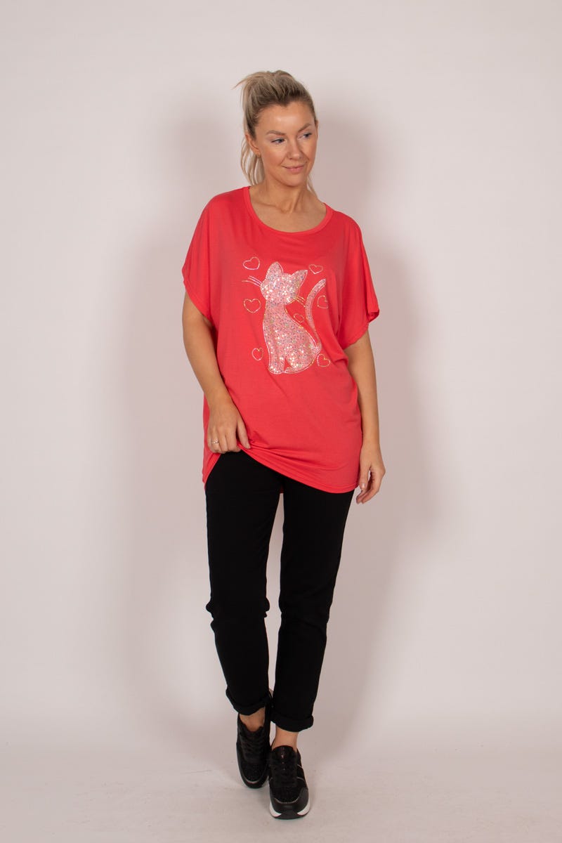 T-Shirt mit Katzenmotiv und Glitzer Korallenrot