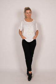 T-shirt m. kattemotiv og glitter Hvid