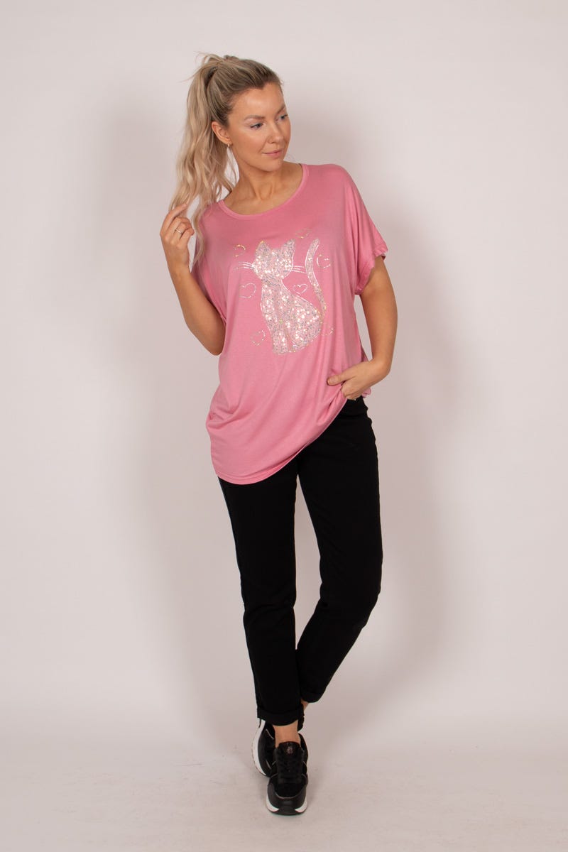 T-Shirt mit Katzenmotiv und Glitzer Rosa