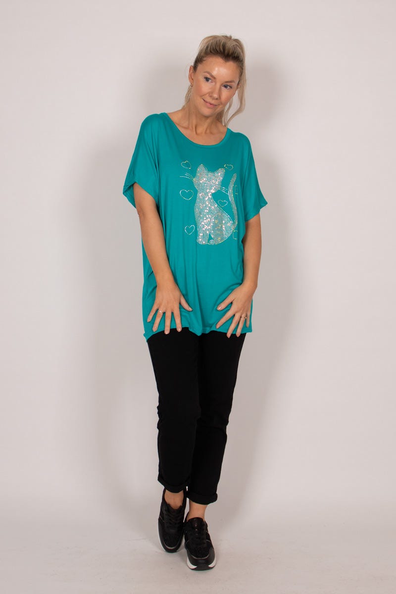 T-Shirt mit Katzenmotiv und Glitzer Aqua