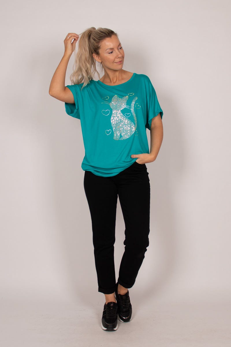 T-Shirt mit Katzenmotiv und Glitzer Aqua