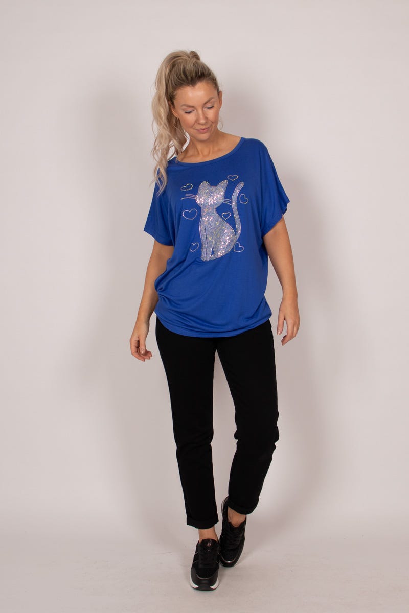 T-Shirt mit Katzenmotiv und Glitzer Kobaltblau