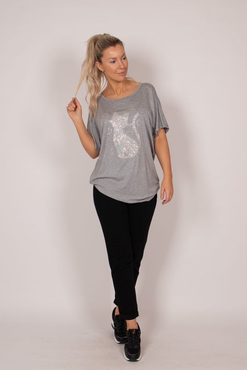 T-Shirt mit Katzenmotiv und Glitzer Grau