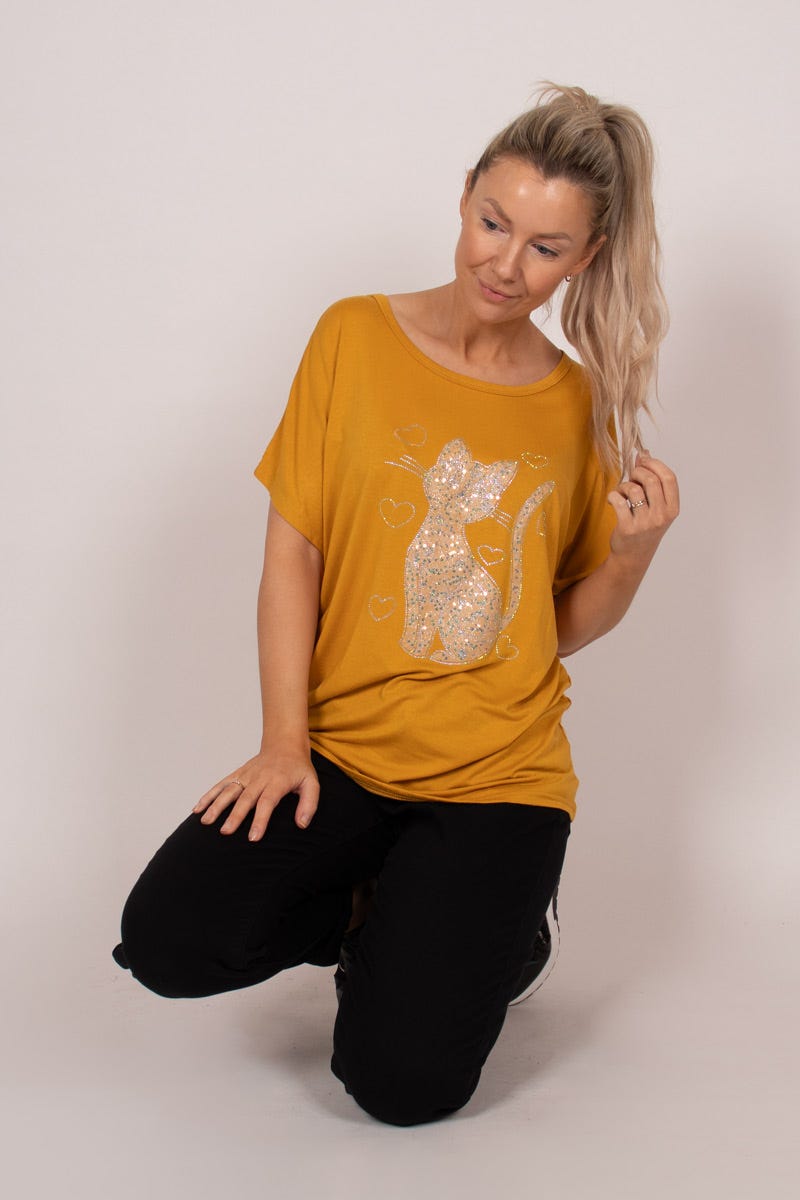 T-Shirt mit Katzenmotiv und Glitzer Senffarbe