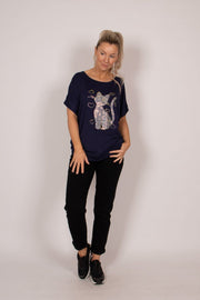 T-shirt m. kattemotiv og glitter Navy