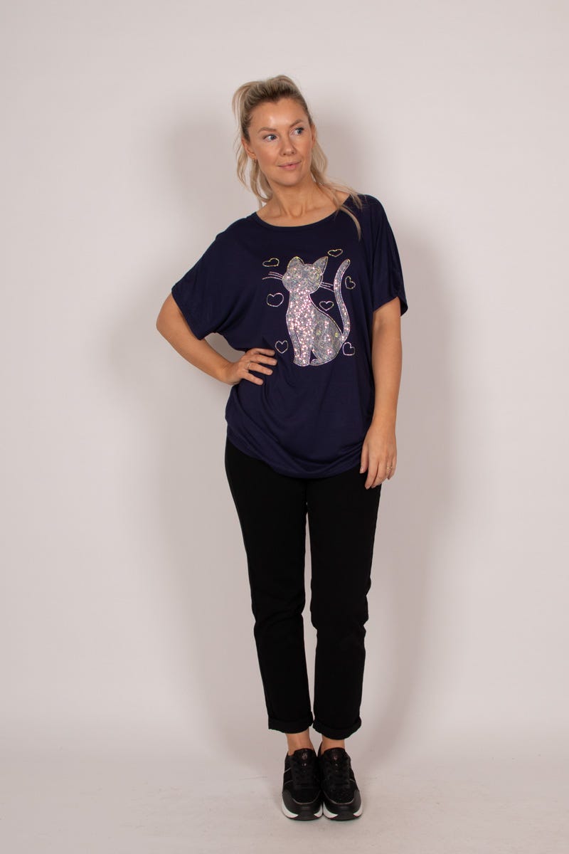 T-shirt m. kattemotiv og glitter Navy