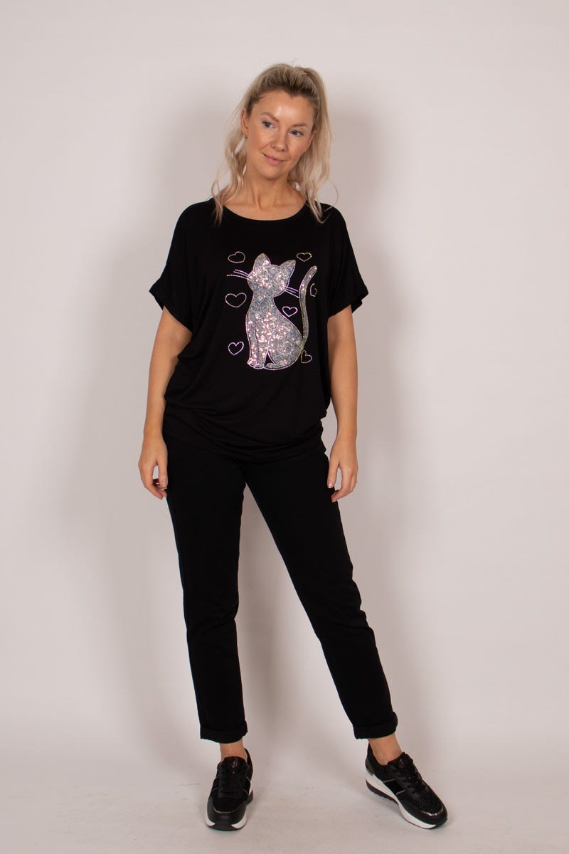 T-Shirt mit Katzenmotiv und Glitzer Schwarz