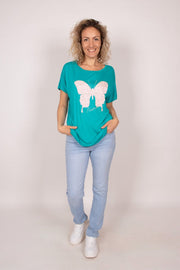 T-shirt m. sommerfugl Aqua