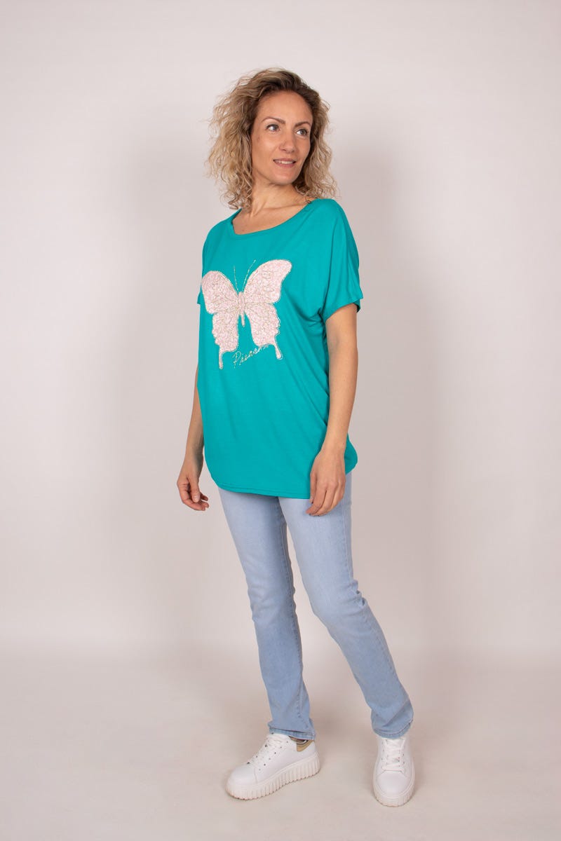 T-shirt m. sommerfugl Aqua