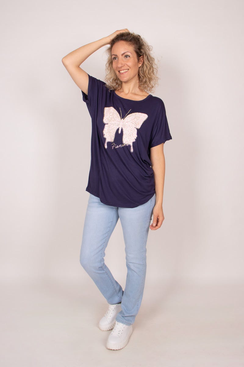 T-shirt m. sommerfugl Navy