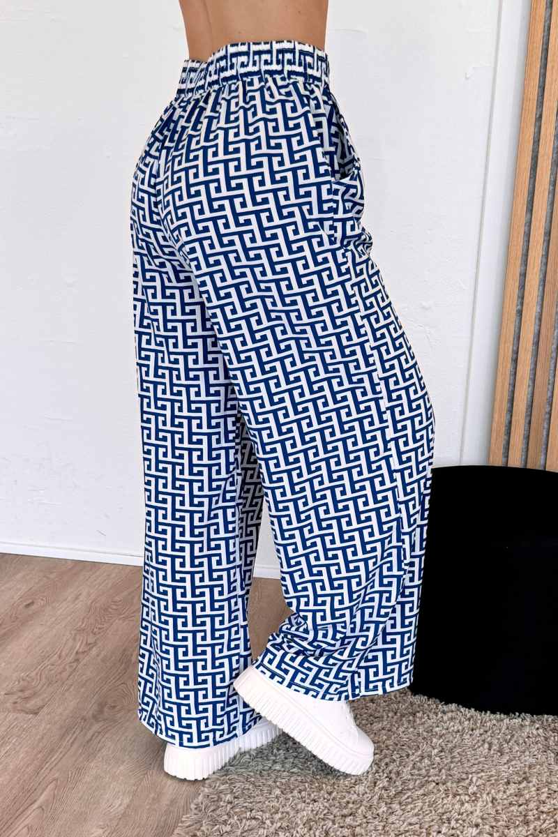 Elastische Hose mit weitem Bein und grafischem Muster Blau