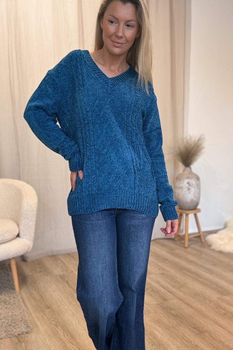 Chenille Pullover Petroleumblau