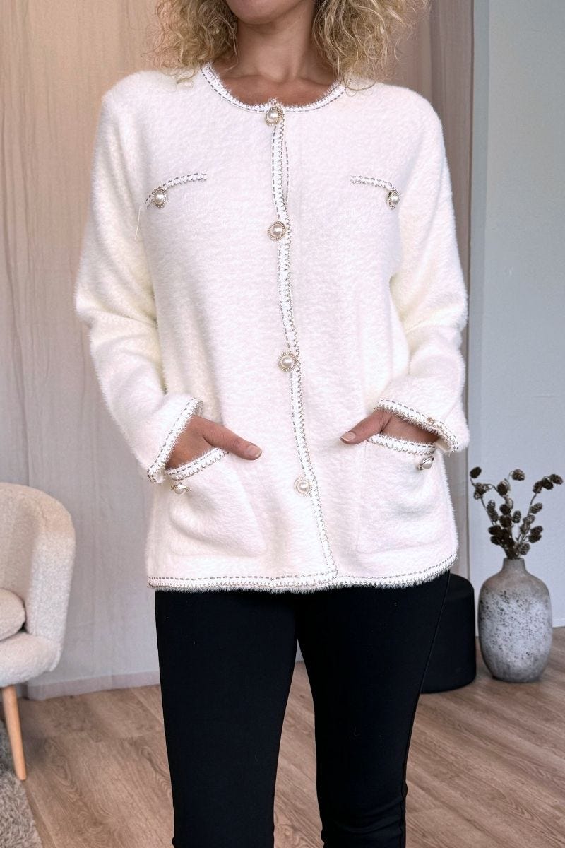 Cardigan m. perleknapper Creme