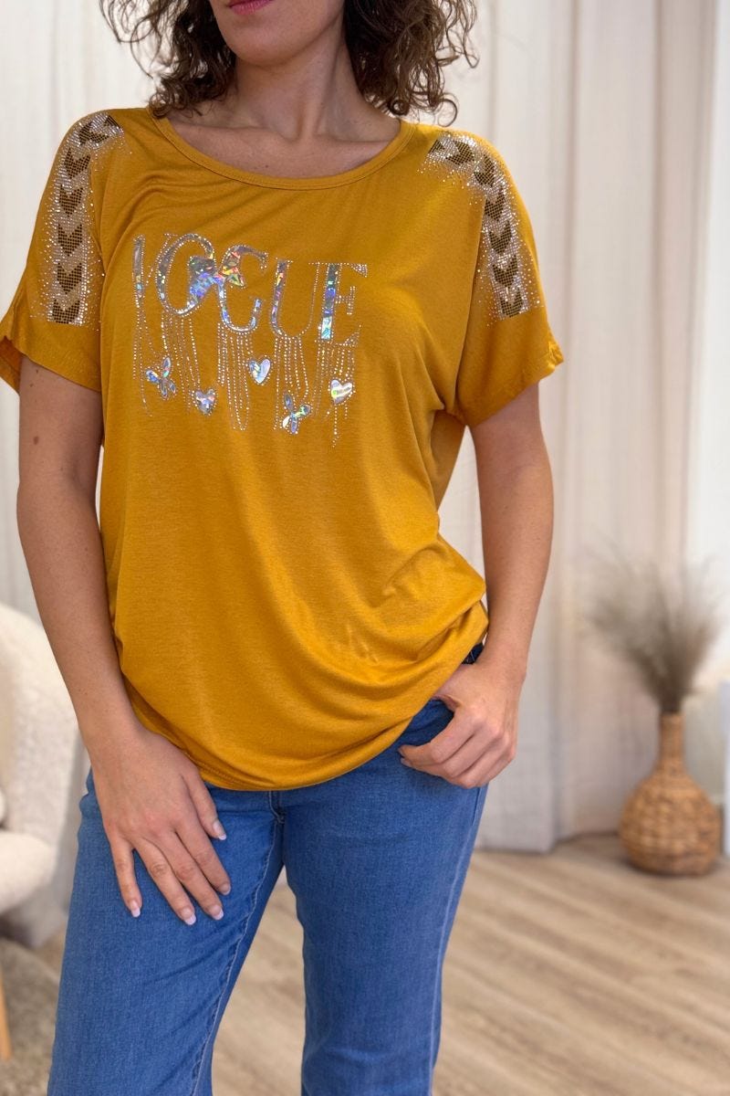 T-shirt m. glimmersten og tekst Mustard