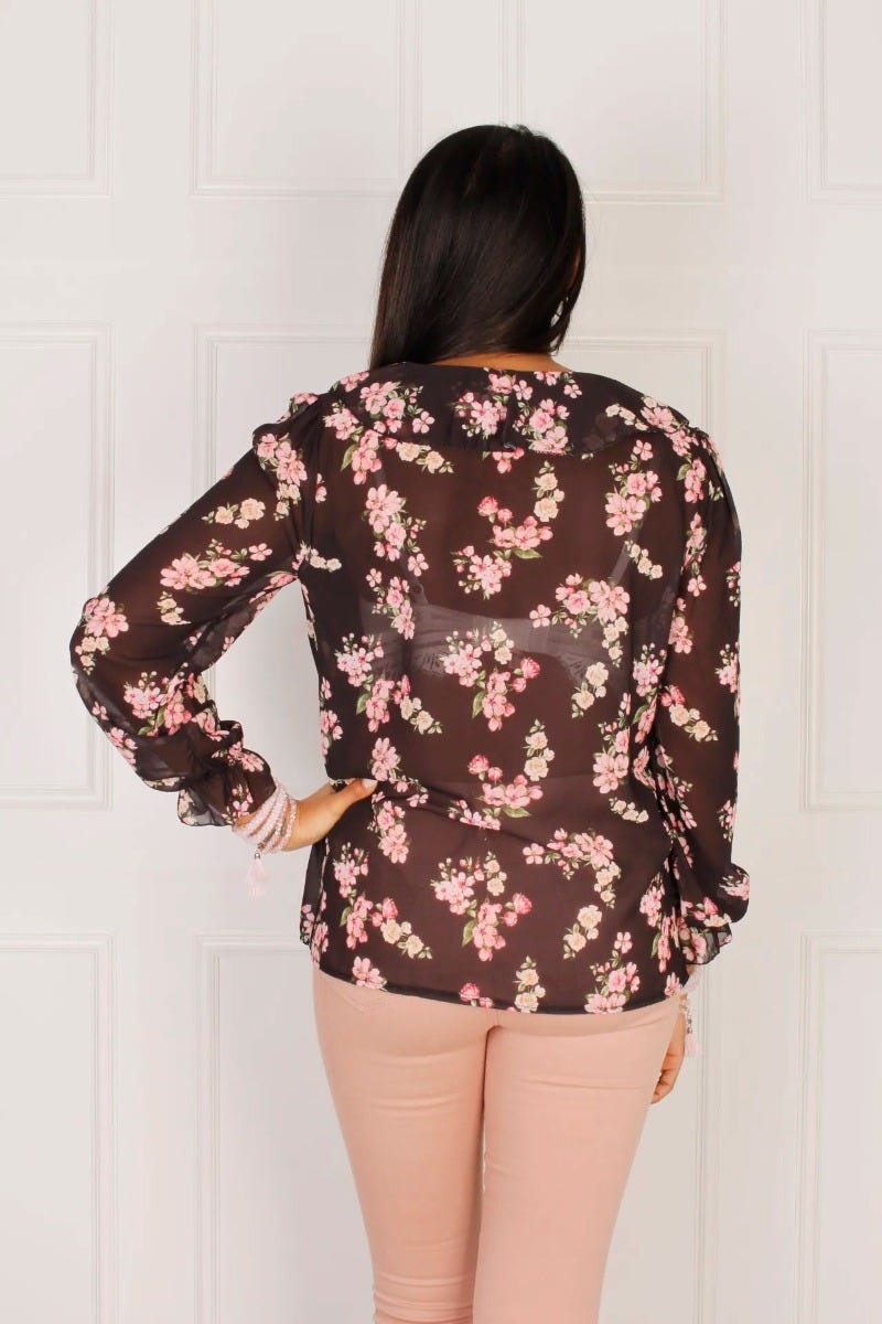 Bluse med flæse, sort floral