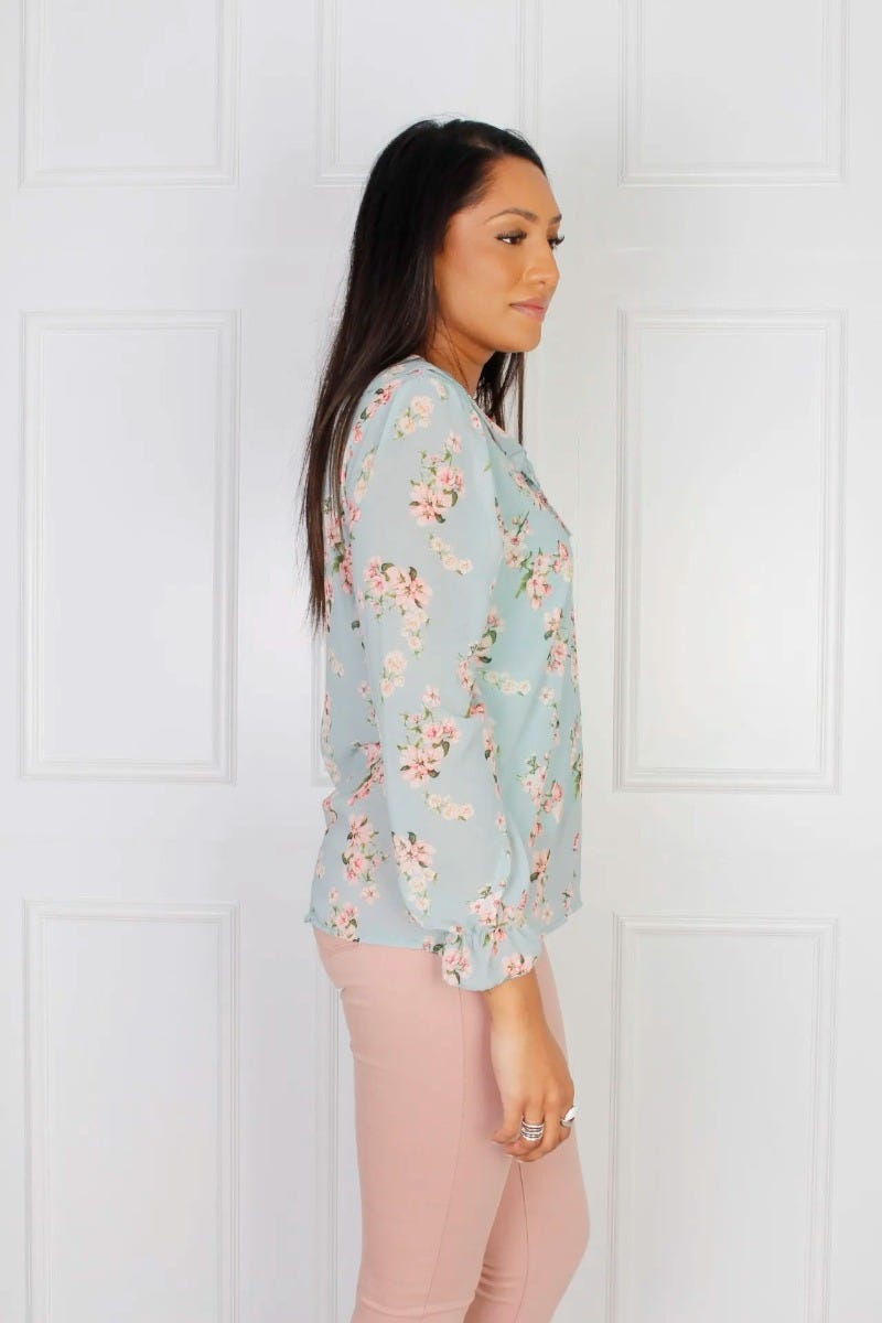 Rüschenbluse mit Blumenprint, blau