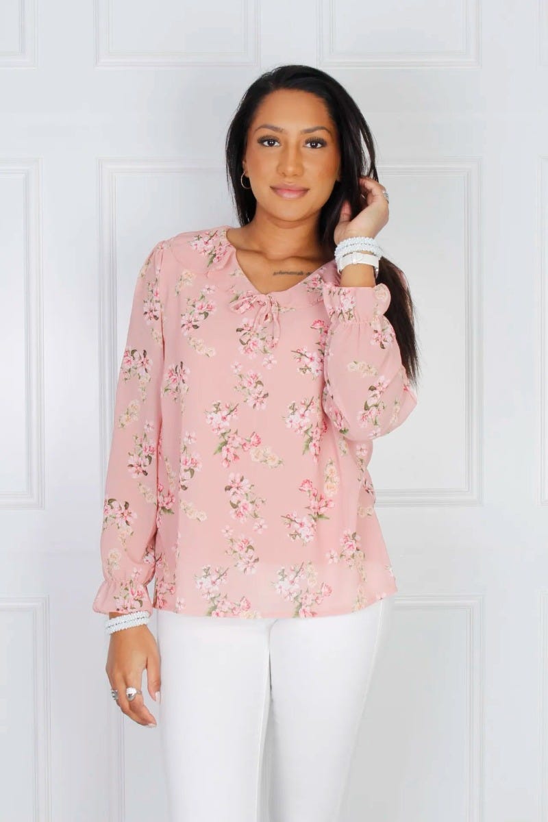 Rüschenbluse mit Blumenprint, rosa