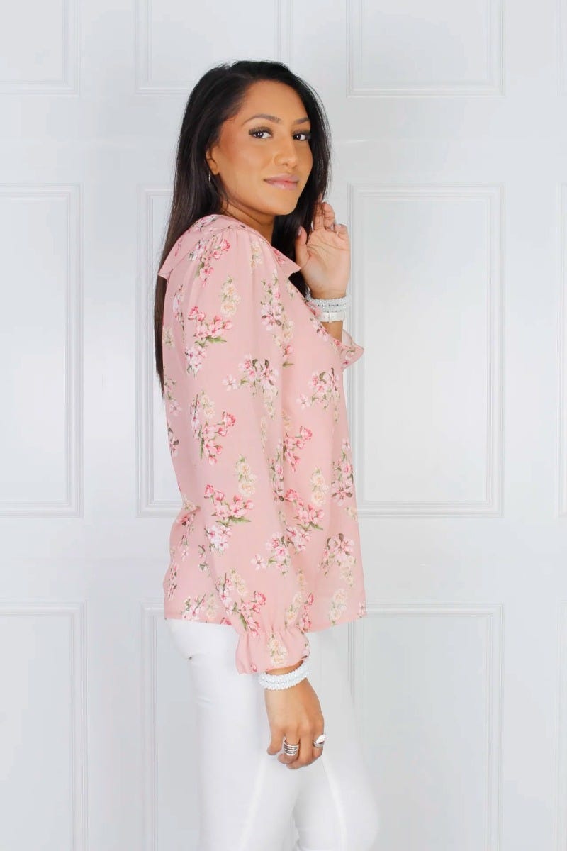 Rüschenbluse mit Blumenprint, rosa