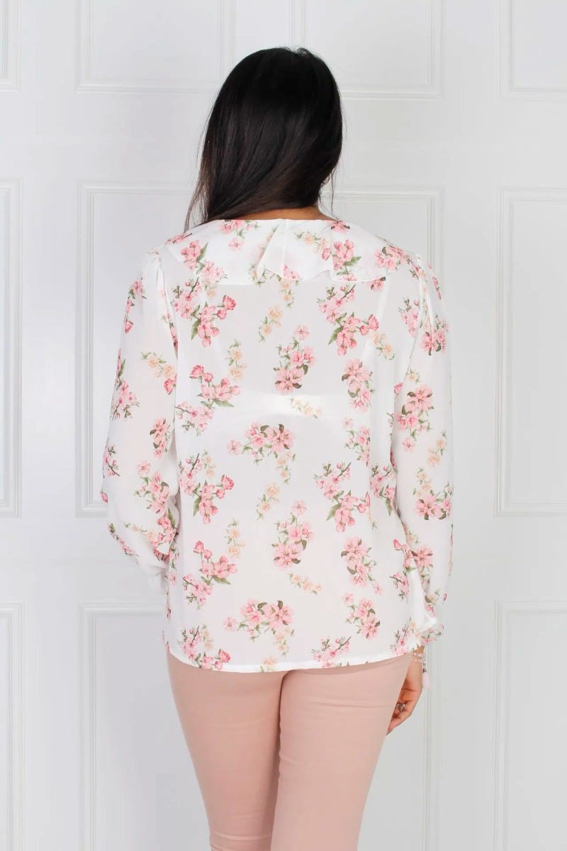 Rüschenbluse mit Blumenprint, creme