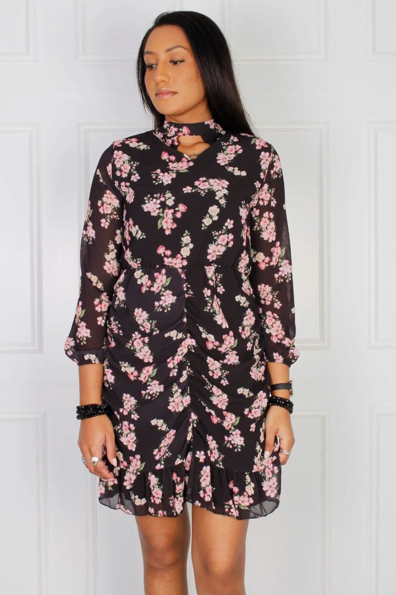 Drapiertes Kleid mit Blumenprint, schwarz