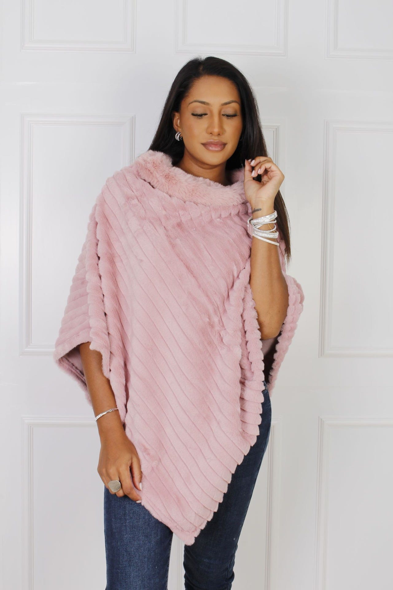 Kunstpelz Poncho mit Kragen, rosa