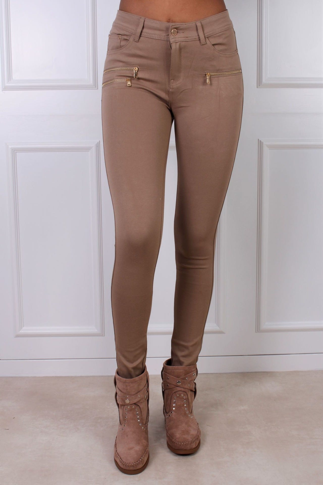 Slim-Fit Jeans mit 3 Reißverschlüssen, beige