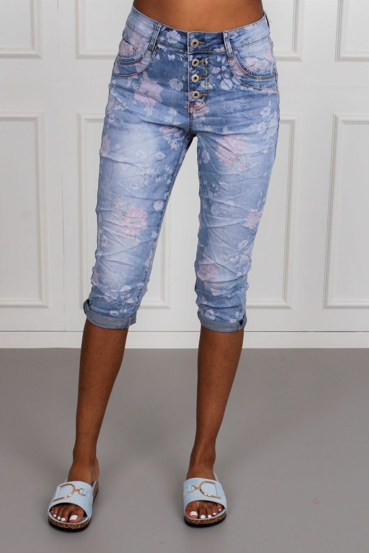 3/4 Hose mit Blumenprint, denim