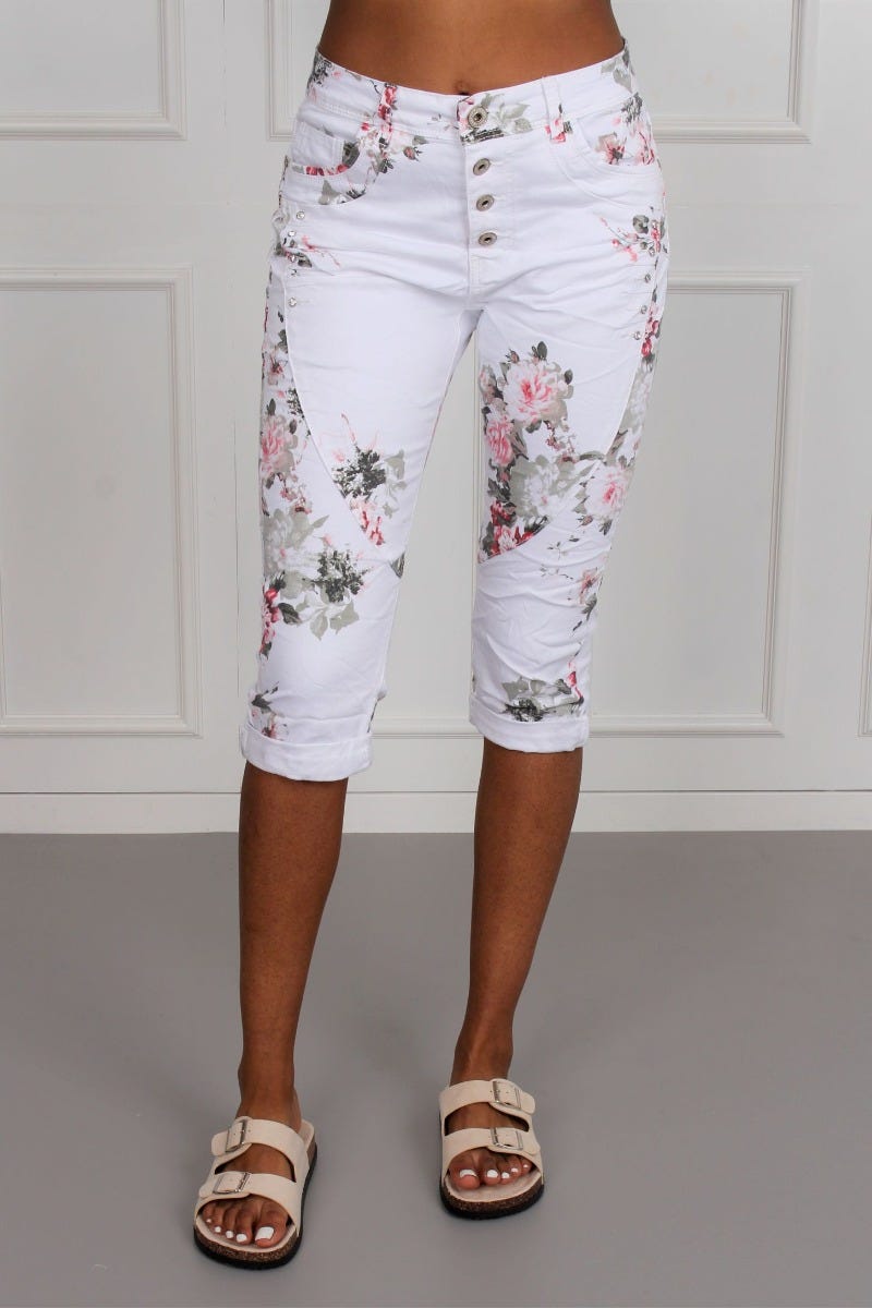 3/4 Jeans mit Blumenprint, weiß