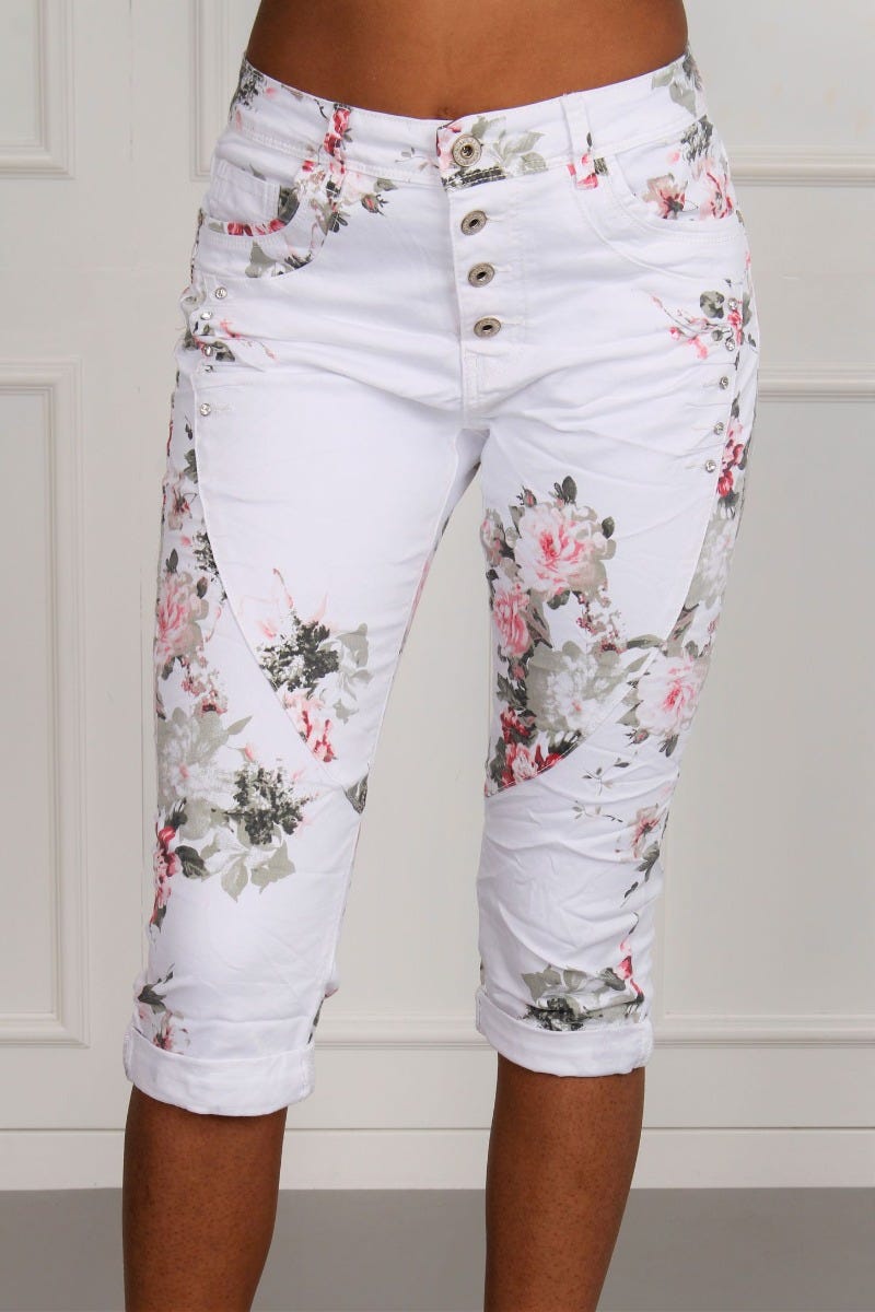 3/4 Jeans mit Blumenprint, weiß