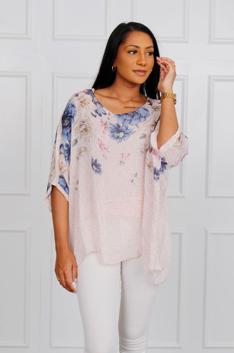 Zenia Bluse mit Fledermausärmeln und Blumenprint, rosa