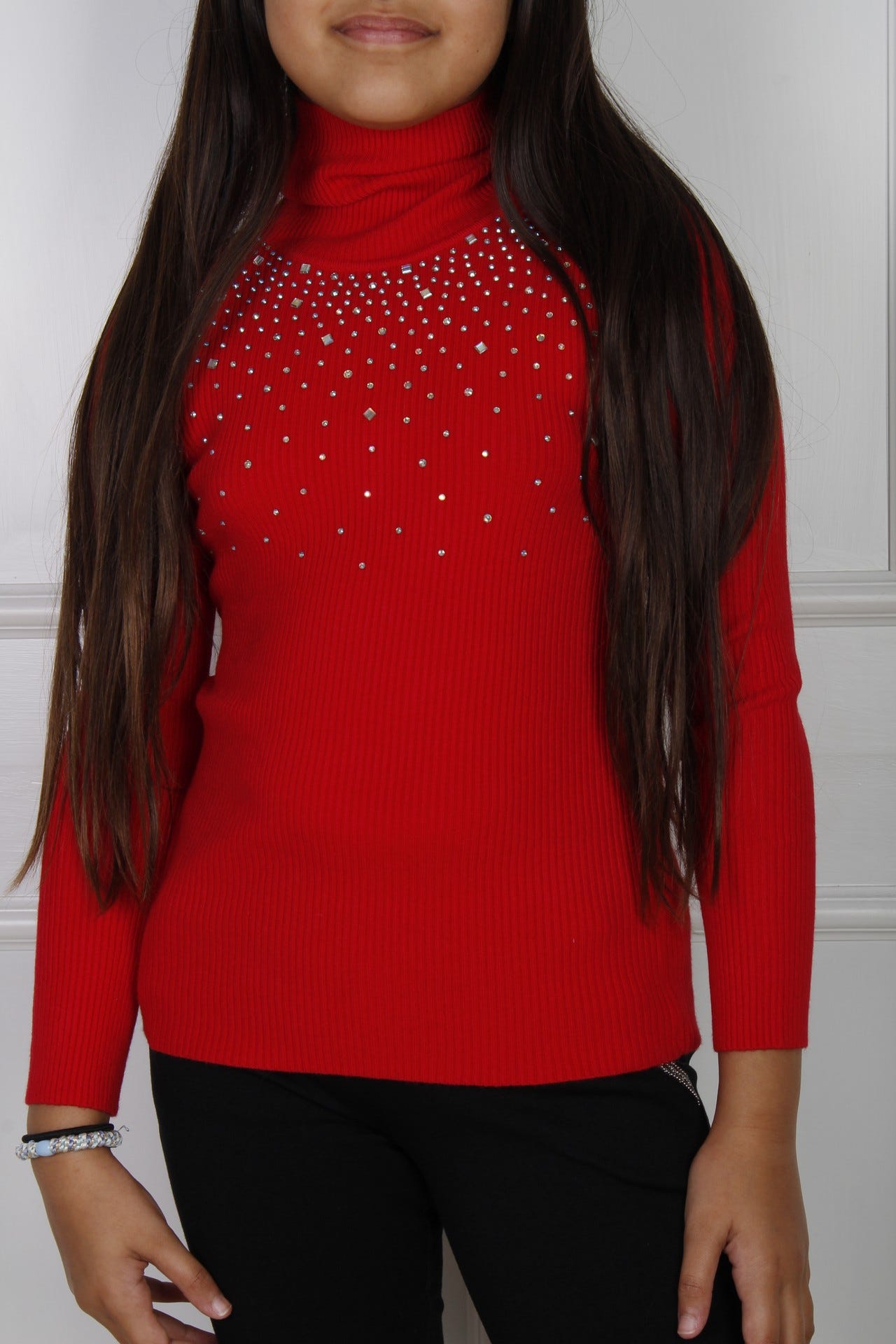 Rollkragenpullover mit Similisteinen, rot