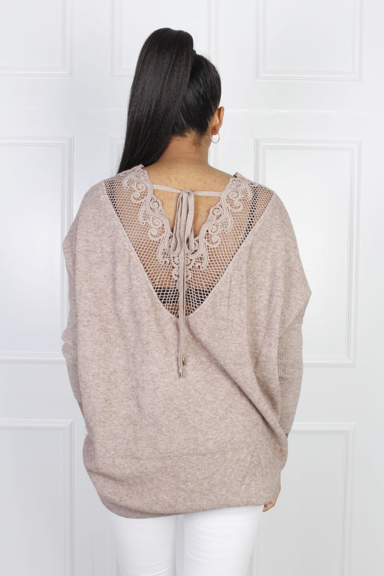 Strickbluse mit Spitzendetails, taupe