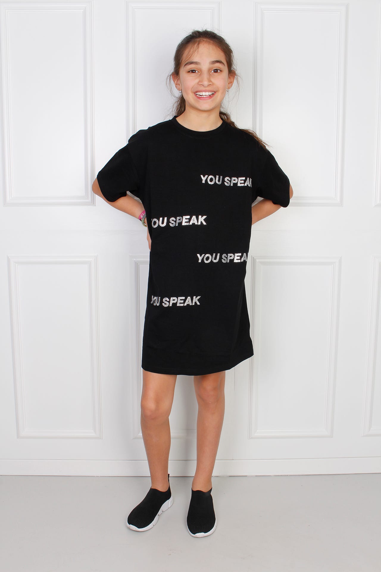 T-Shirt Kleid mit Textmotiv, schwarz