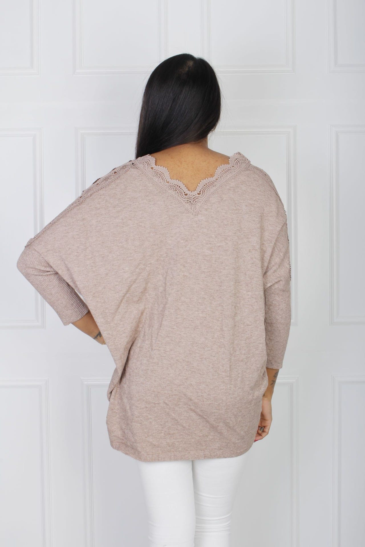 Strickbluse mit Spitze, taupe