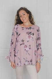 Tunika bluse med binde detalje, floral rosa